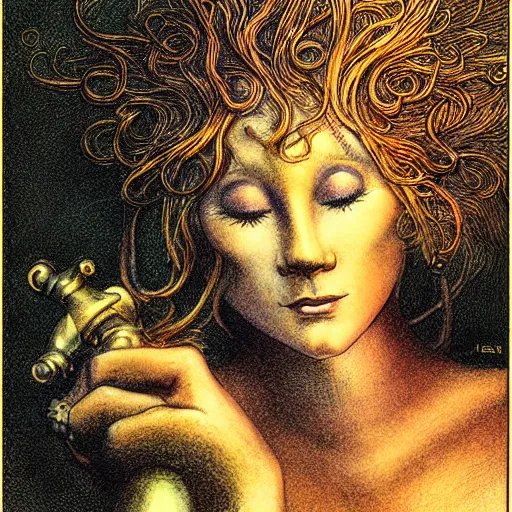 Prompt: brass woman, golden hour, illustration by Brian Froud and John Bauer, coloured lineart