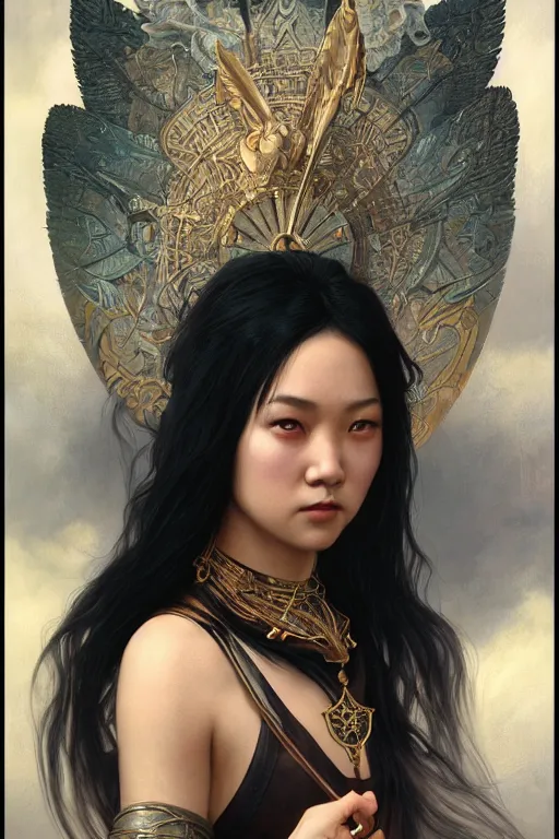 Prompt: a stunning portrait of an asian valkyrie with long black hair by artgerm, dynamic lighting, ray tracing, tom bagshaw, alphonse mucha, donata giancola, mary jane ansell, ankh necklace, atmosphere, realism, octane render, dof, hyperdetailed, 8 k