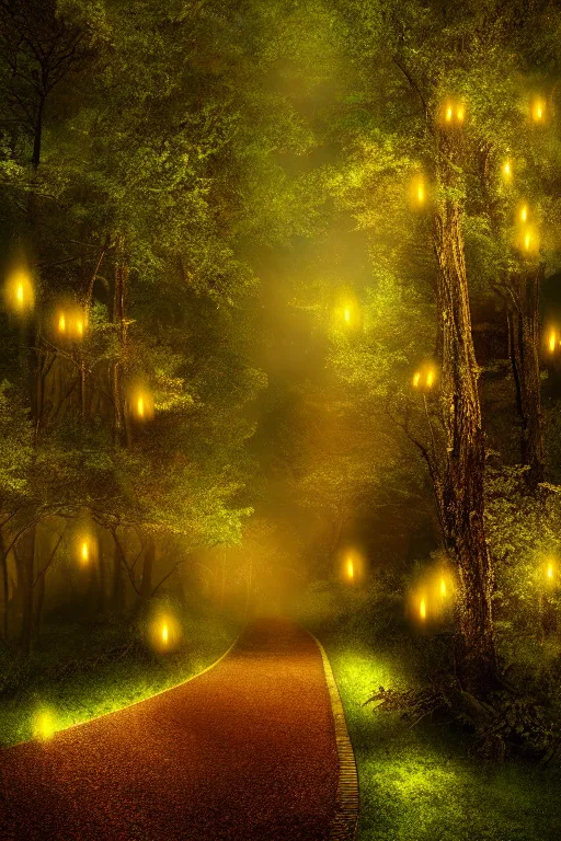 Prompt: a beautiful digital glossy clear sharp of a detailed antasy fireflies forest trees roots mushrooms fireflies moonlight and iron gate cobblestone pathway vines ground fog by james gurney, 8 k resolution trending on artstation