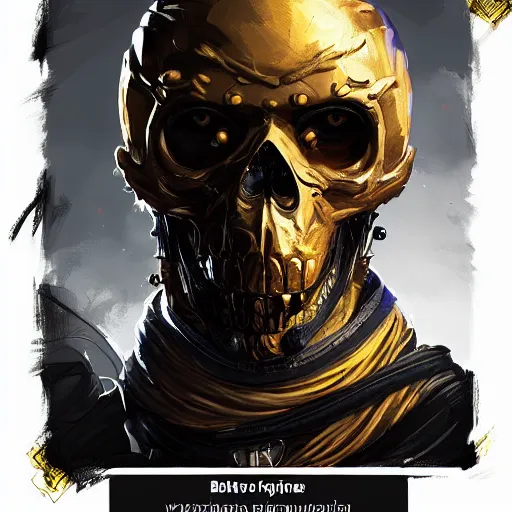 Image similar to a golden skull face monkey warrior with a black diamond in his forehead, Apex Legends character, digital illustration portrait design, by android jones and greg rutkowski, retrowave color scheme, detailed, cinematic lighting, wide angle action dynamic portrait