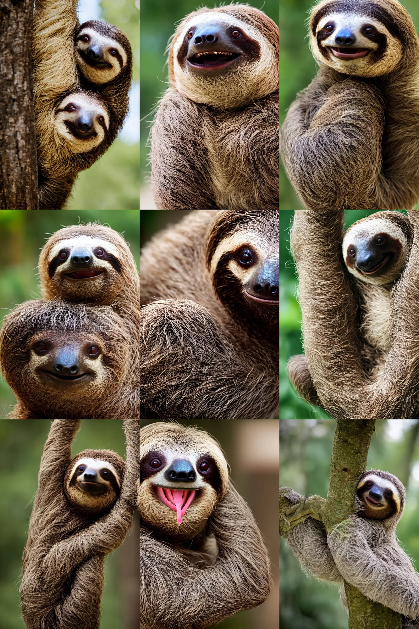 Prompt: photo of a sloth smiling!!!, showing human teeth!!!!!!!!, nature photography, bokeh, 2 0 0 mm, f / 2. 8, high quality, 4 k,