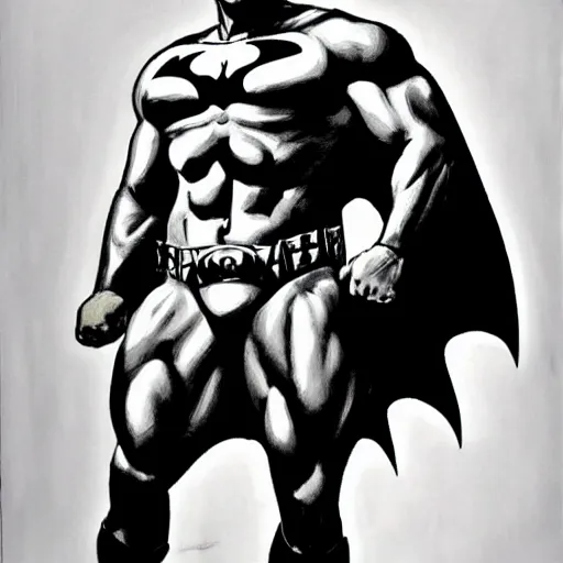 Image similar to A portrait painting of a masculine bodybuilder in the clothing of the Batman