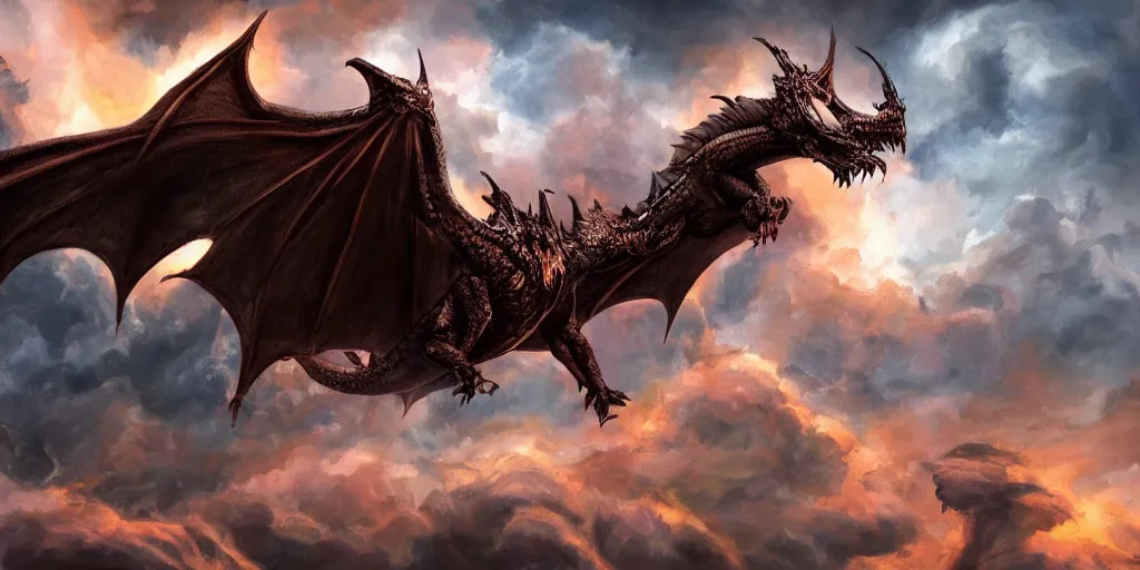 Prompt: the entry into Valhalla fire breathing dragon, cinematic, 4k ,35mm, photorealism, clouds, painting