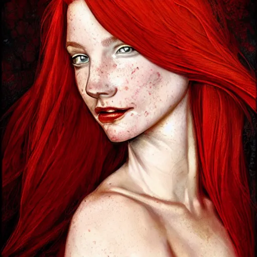 Prompt: portrait of a beautiful young women with red hair and freckles, slight smile, renaissance colorful dress, leather armor, digital painting by Michael Whelan, dnd illustration, trending on Artstation, sfw