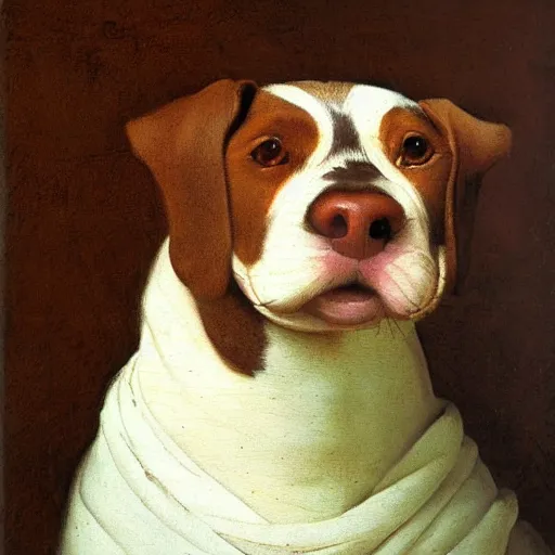 Prompt: a majestic brown and white kooiker dog as painted by Vermeer, vibrant colors, oil on canvas