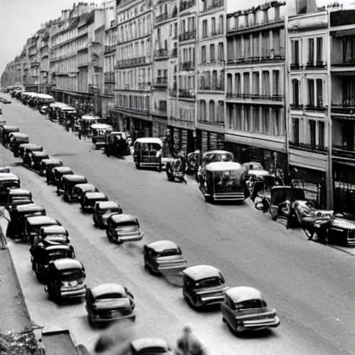 Prompt: une rue de paris vide avec des voitures garees en 1 9 6 0