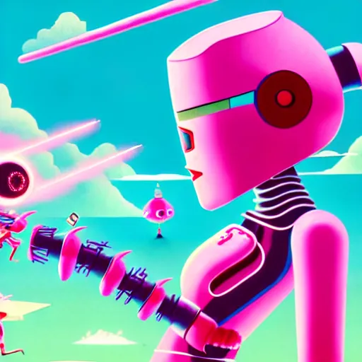 Image similar to a woman named yoshimi battles pink robots, illustrated, detailed, 4 k