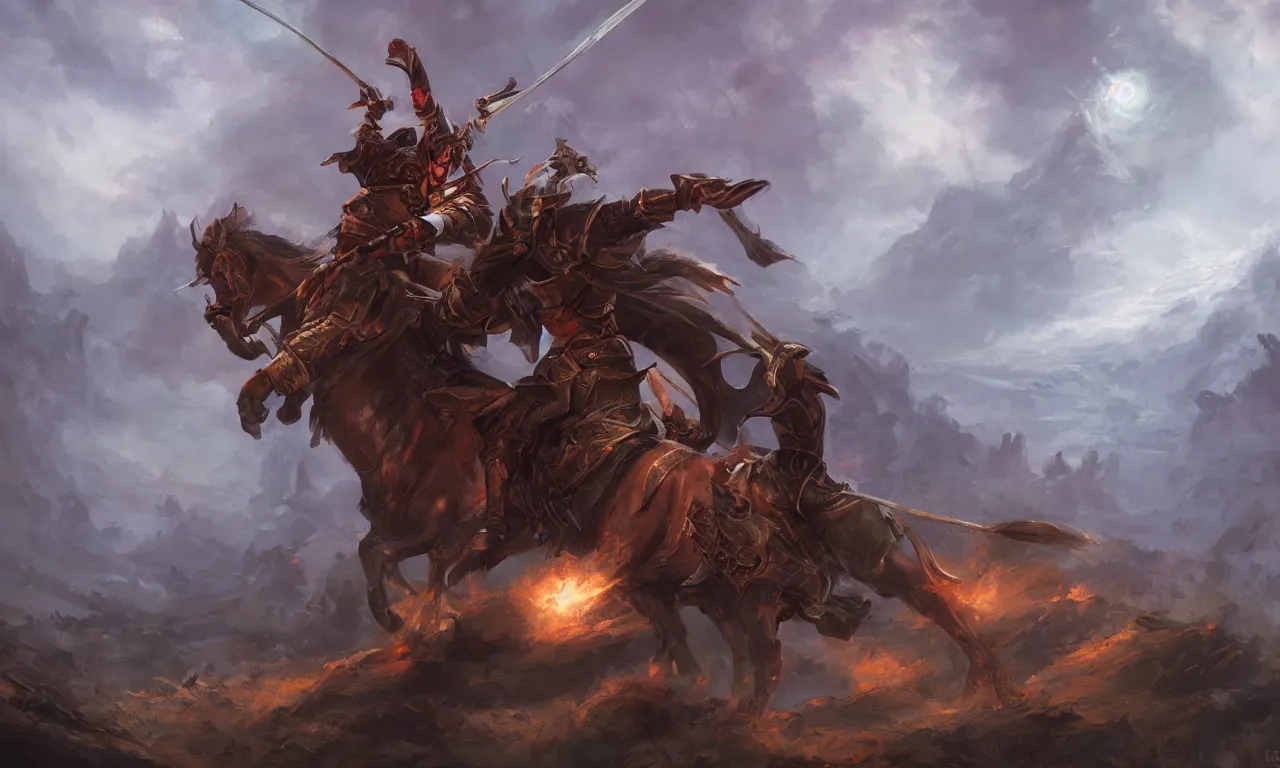 Prompt: Fantasy medieval magic warrior battle, trending on artstation, by Noah Bradley