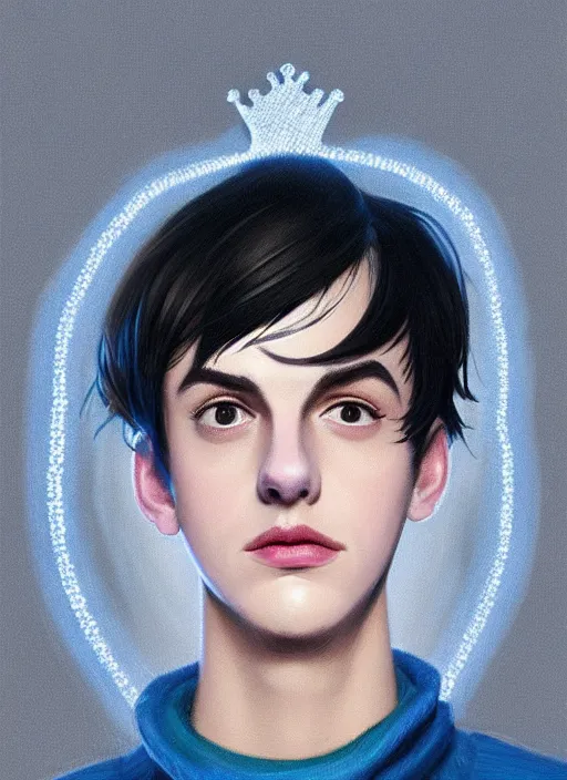 Image similar to portrait of teenage jughead jones wearing a light grey crown, crown, blue turtleneck, 1 9 5 0 s, closed eyes, photorealistic, black hair, glowing lighting, intricate, elegant, glowing lights, highly detailed, digital painting, artstation, concept art, smooth, sharp focus, illustration, art by wlop, mars ravelo and greg rutkowski