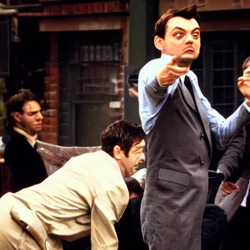 Image similar to mr. bean throwing beans on top of tobey maguire's face, really annoyed, messy, greasy, wet, sloppy