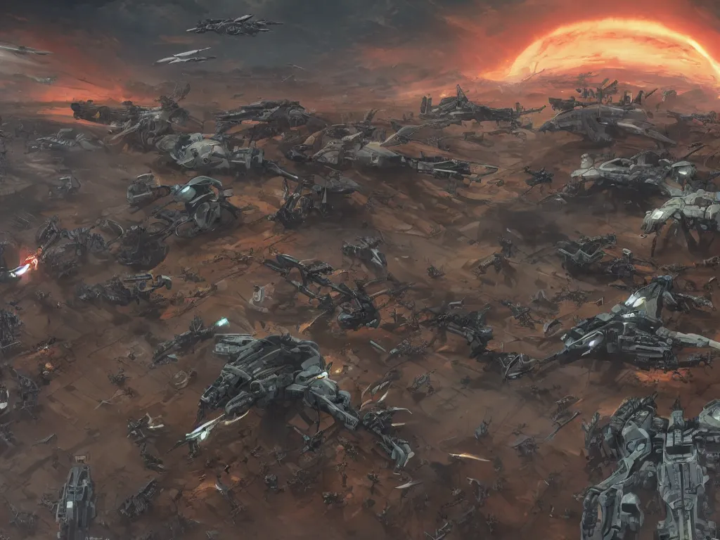 Image similar to ariel view, wide angle view, war mechs fighting, mech battlefield, war - torn, desolate gloomy planet, science fiction