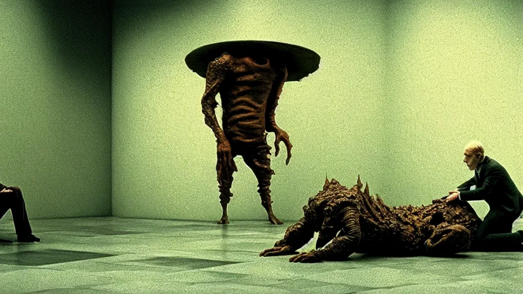 Image similar to the money creature in the bank, film still from the movie directed by denis villeneuve and david cronenberg with art direction by salvador dali and zdzisław beksinski