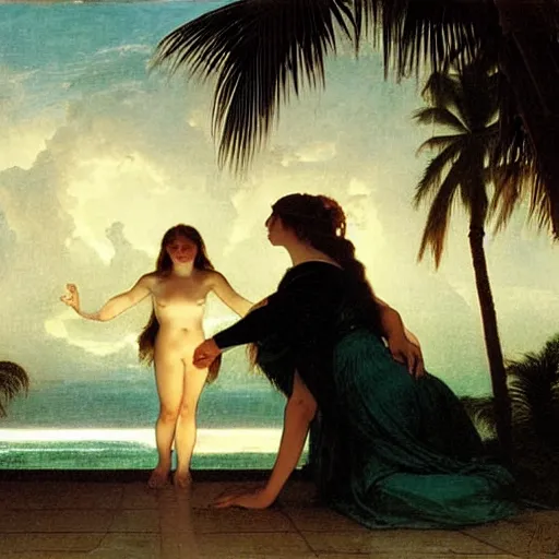Prompt: Silhouette of two girls at the palace, thunderstorm, greek pool, beach and palm trees on the background major arcana sky, by paul delaroche, alphonse mucha and arnold böcklin arnold böcklin hyperrealistic 8k, very detailed