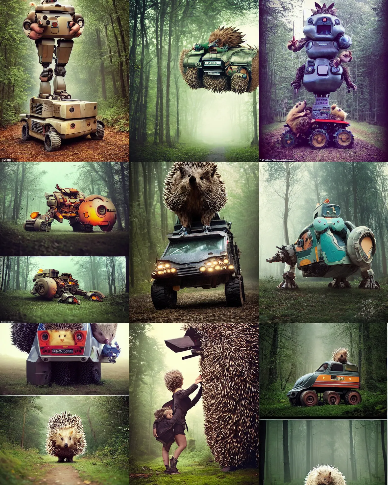 Prompt: epic pose!!! giant oversized battle hedgehog robot wacky chubby war mech vehicle! double decker bus with giant oversized hair and hedgehog babies ,on forest path , full body , Cinematic focus, Polaroid photo, vintage , neutral dull colors, soft lights, foggy mist , bokeh , by oleg oprisco , by thomas peschak, by discovery channel, by victor enrich , by gregory crewdson