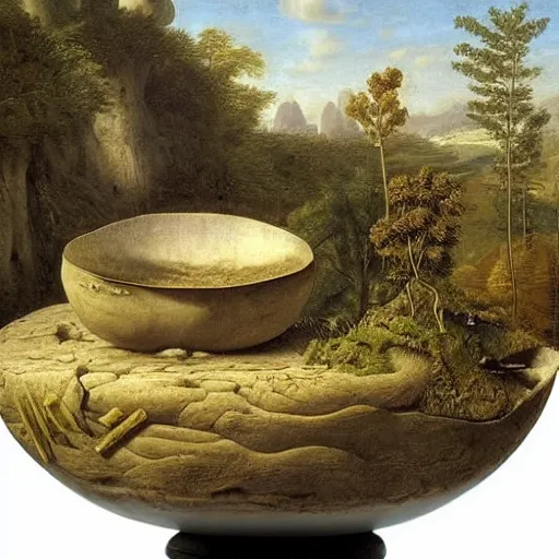 Image similar to still life of a stone bowl containing a miniature landscape, surrealism, photorealistic, river and trees and hills, extremely detailed, by clara peeters and rob gonsalves and caspar david friedrich