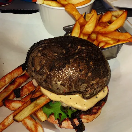 Image similar to python burger and tarantula fries