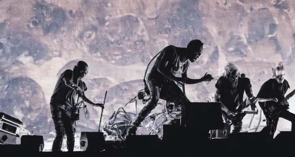 Image similar to a photo of the prodigy playing live with aphex twin on mars in a domed sold out arena