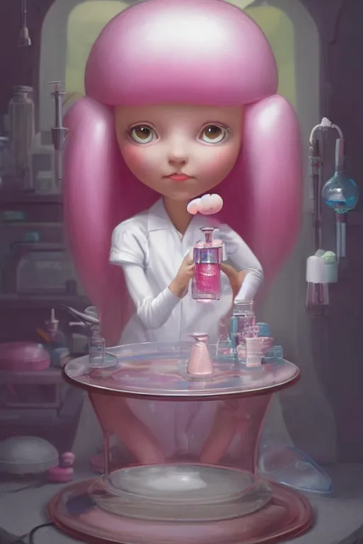 Prompt: highly detailed, profile portrait of princess bubblegum experimenting in her lab, wearing lab coat and tiara, bubblegum hair, depth of field, illustration concept art by nicoletta ceccoli, mark ryden, lostfish, detailed and intricate environment, 8 k resolution, hyperrealistic, octane render