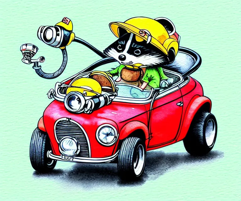 Prompt: cute and funny, racoon wearing a helmet riding in a tiny miniature little hot rod coupe with oversized engine, ratfink style by ed roth, centered award winning watercolor pen illustration, isometric illustration by chihiro iwasaki, edited by range murata