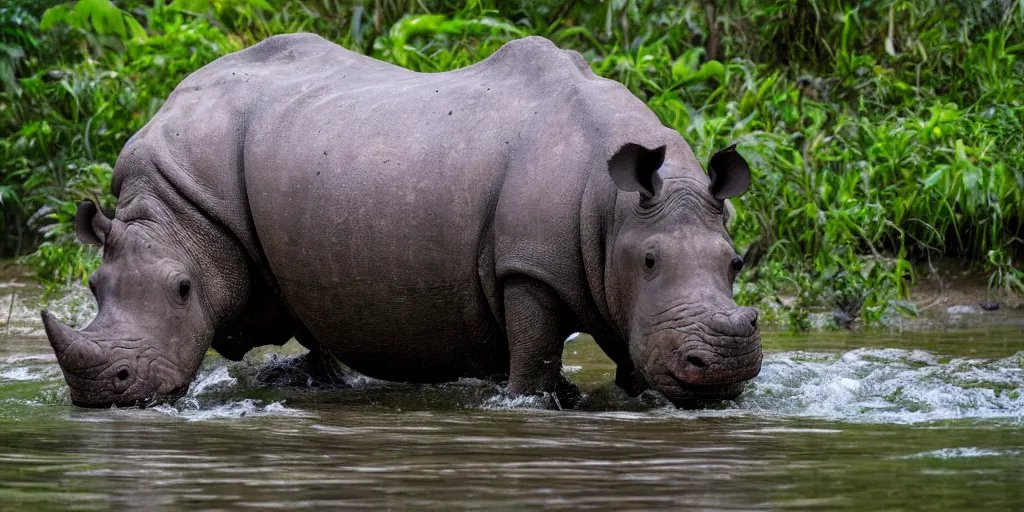 Prompt: a hippo with a rhino horn, in a river in the jungle, extremely high fidelity, natural lighting