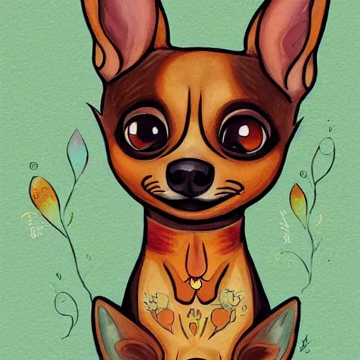 Image similar to a jeremiah ketner illustration of an adorable and cute tan chihuahua/dachshund mix