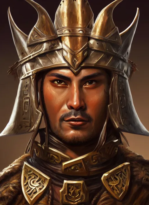 Image similar to smart tai warlord, closeup portrait, beardless, smooth - faced, historical hero, ethnic group, tai costume, bronze headdress, intricate, with leather armor cross on bare chest, elegant, loin cloth, highly detailed, oil painting, artstation, concept art, matte, sharp focus, illustration, hearthstone, art by earl norem