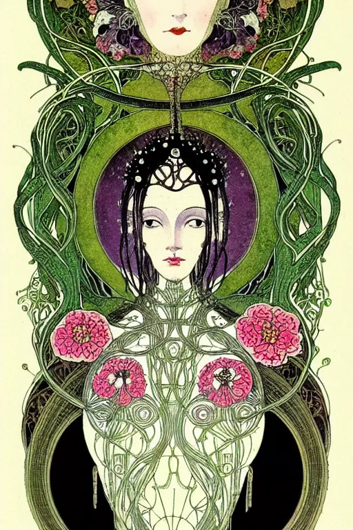 Image similar to centered detailed front view portrait of a beautiful female android with ornate flowers growing around, inside a vine frame ornamentation, flowers, elegant, dark and gothic, full frame, art by kay nielsen and walter crane, illustration style, watercolor