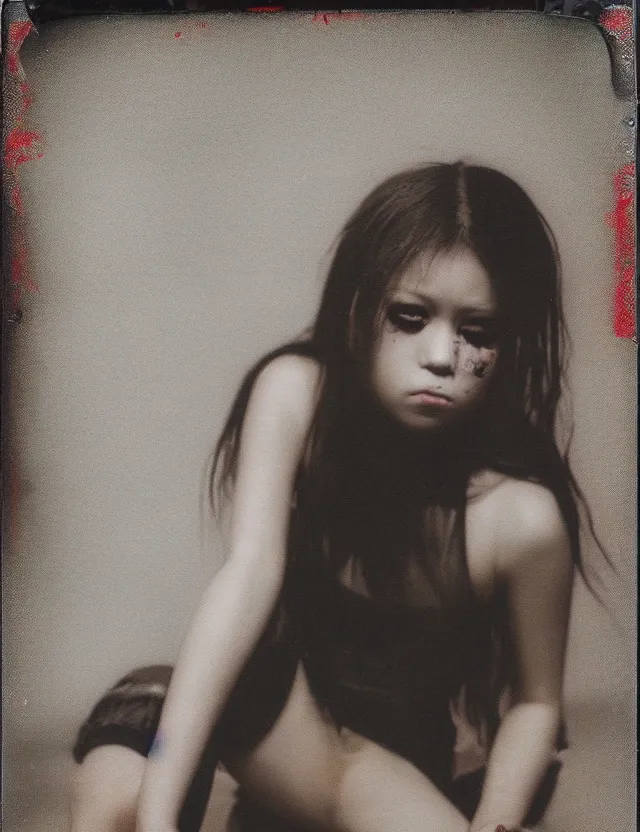 Image similar to polaroid photo with flash, girl sitting on a bad, heavy make up, grunge style, asian, polaroid photo bleached strong lights, kodak film stock, hyper real, stunning moody cinematography, with anamorphic lenses, by maripol, detailed