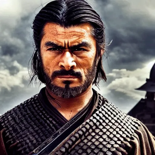 Image similar to handsome and strong! kurdish! samurai in a movie directed by christopher nolan, movie still frame, promotional image, imax 7 0 mm footage, perfect symmetrical facial features