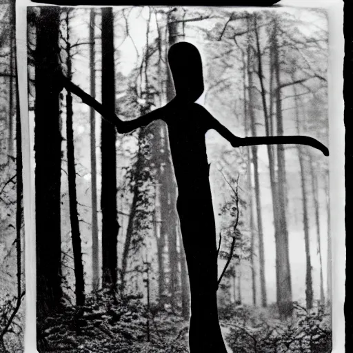 Prompt: Slenderman in the woods, 1910 polaroid photography, grainy film, black and white