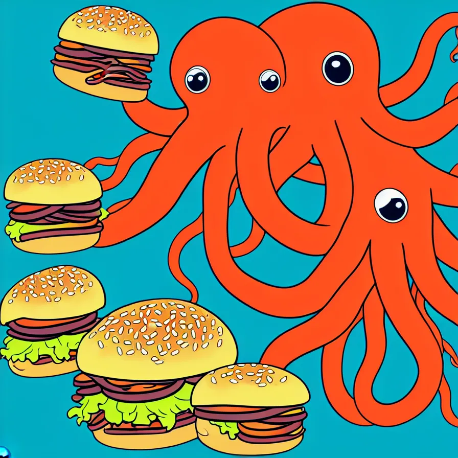 Image similar to ultra detailed artistic illustration of a giant octopus holding many burgers, tentacles wrapped around burgers, vector art, artstation, 8 k