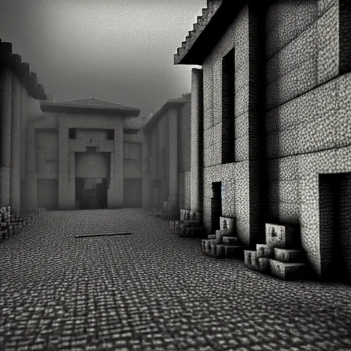 Image similar to eerie, the holocaust in minecraft, very old photo, photo from 1940s, war photograph, very authentic, very detailed, dramatic, intricate, highly detailed, digital painting, artstation, concept art, smooth, sharp focus, illustration, art by Gustave Dore, octane render