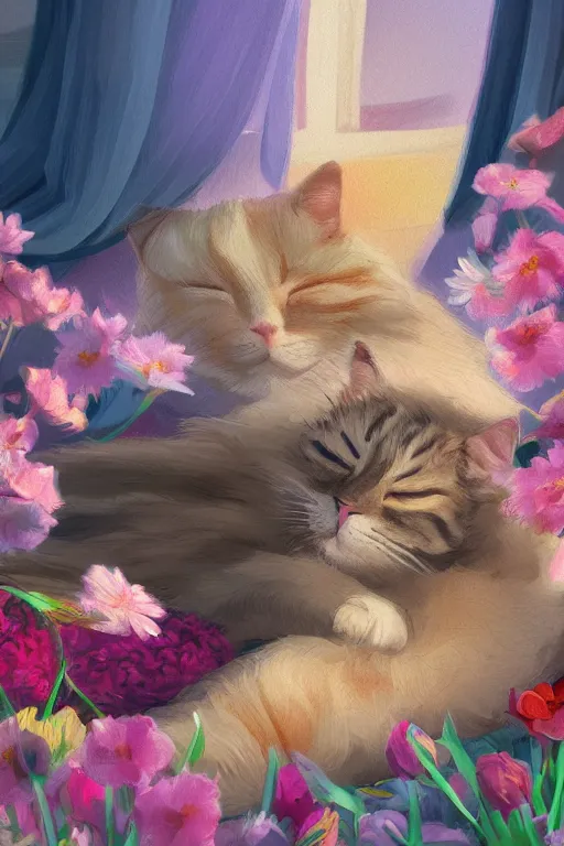 Image similar to a digital art of a cat sleeping in the room with flowers around in the afternoon, the sun shines in, storybook art, detailed, cute, profile shot, featured on artstation