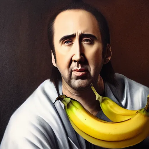 Prompt: highly detailed oil painting of nicolas cage in a banana, 4 k, in the style of caravaggio and dali