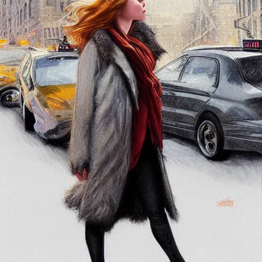 Prompt: ultra realistic illustration, emma stone getting out of a taxi in winter, intricate, elegant, highly detailed, digital painting, artstation, concept art, smooth, sharp focus, illustration, art by artgerm and greg rutkowski and alphonse mucha