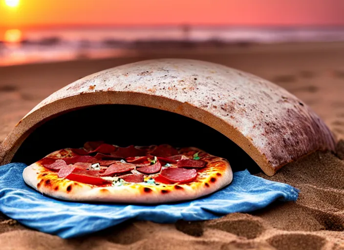 Prompt: clear highly detailed photorealistic food photograph of a wood oven cooked pizza with salami anchovies pepperoni lying on beach sand at sunset, waves next to it