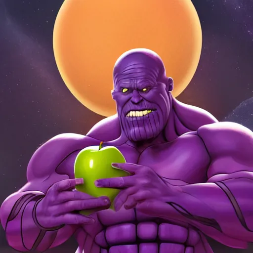 Prompt: caricature of thanos eating apple in galaxy, 8 k, digital art, artstation, detalied, high quality,