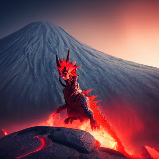 Prompt: magma dragon lord in front of a volcano, foggy, high contrast, deep shadows, 4k, 3d octane render