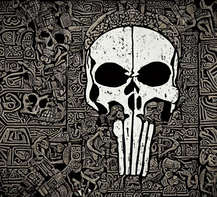 Image similar to mayan temple in form of punisher skull. background jungle