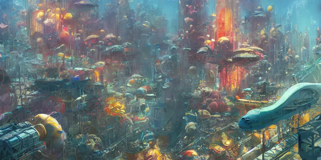 Prompt: an art deco city lies at the bottom of the sea in a coral reef, underwater, matte painting, submecanophobia, fantasy, intricate, elegant, digital painting, trending on artstation, concept art, sharp focus, illustration by john berkey, vibrant colors, 4 k.