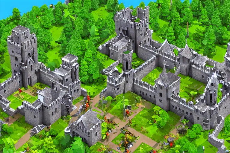 Image similar to 3 d medieval castle in a jungle with towers, 3 d, isometric, indie game