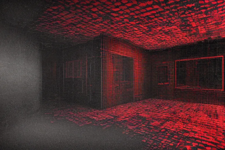 Image similar to cctv footage of an extremely dark empty room, evil horror cryptid monster chasing towards camera, made out of static, dark deep black shadows, crimson red and black color contrast in the style of trevor henderson and james ensor goya, liminal space, 3 d render, glitch effect