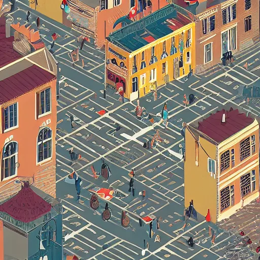 Image similar to dream isometric view illustration of a medieval Marseille street corner, highly detailed, mid day by Victo Ngai and James Gilleard