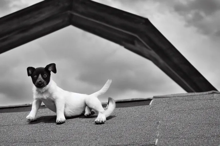 Prompt: a dramatic photo of a puppy standing at the edge of a roof