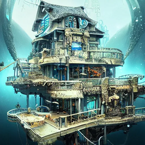 Image similar to underwater spy mansion, grand obsessive compendium. intricate artwork, by tooth wu, wlop, beeple, dan mumford. concept art, octane render, trending on artstation, greg rutkowski very coherent symmetrical artwork. cinematic, key art, hyper realism, high detail, octane render, 8 k, iridescent accents