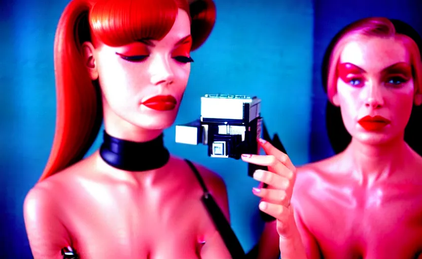 Image similar to medium shot, photograph of alluring futuristic female cyborg looking into camera, eye closed, red lipstick, sharp focus, 35 mm kodak ektachrome, chromatic abberations, f/1.2 H 1216