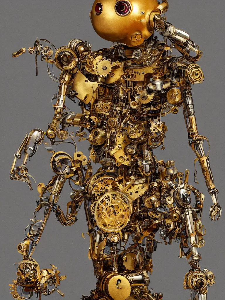 Prompt: a robot marionette made of clockwork parts of gold and brass, puppet, mechanical, in the style of michael kutsche and peter mohrbacher, photorealistic, strings, 8 k, trending on artstation