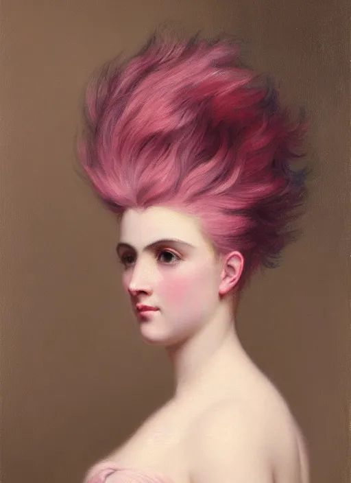 Image similar to a detailed portrait of woman with a mohawk by edouard bisson, year 1 8 9 0, pink hair, punk rock, oil painting, muted colours, soft lighting