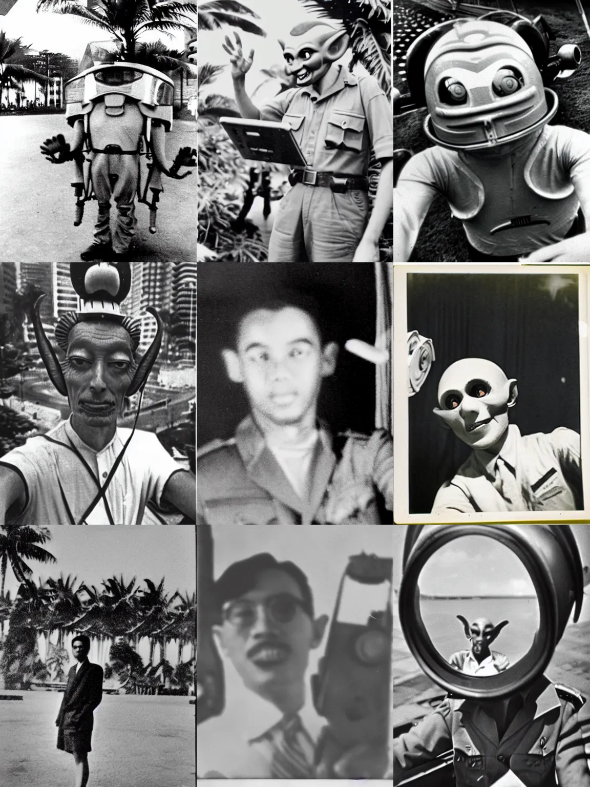 Prompt: selfy of an alien in singapore, photo 1 9 4 3