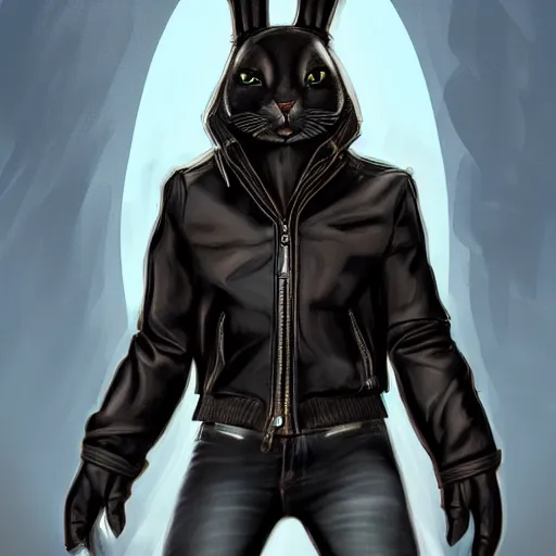 Prompt: An anthropomorphic bunny with a small head wearing a leather jacket and leather jeans and leather gloves, trending on FurAffinity, energetic, dynamic, digital art, highly detailed, FurAffinity, high quality, digital fantasy art, FurAffinity, favorite, character art